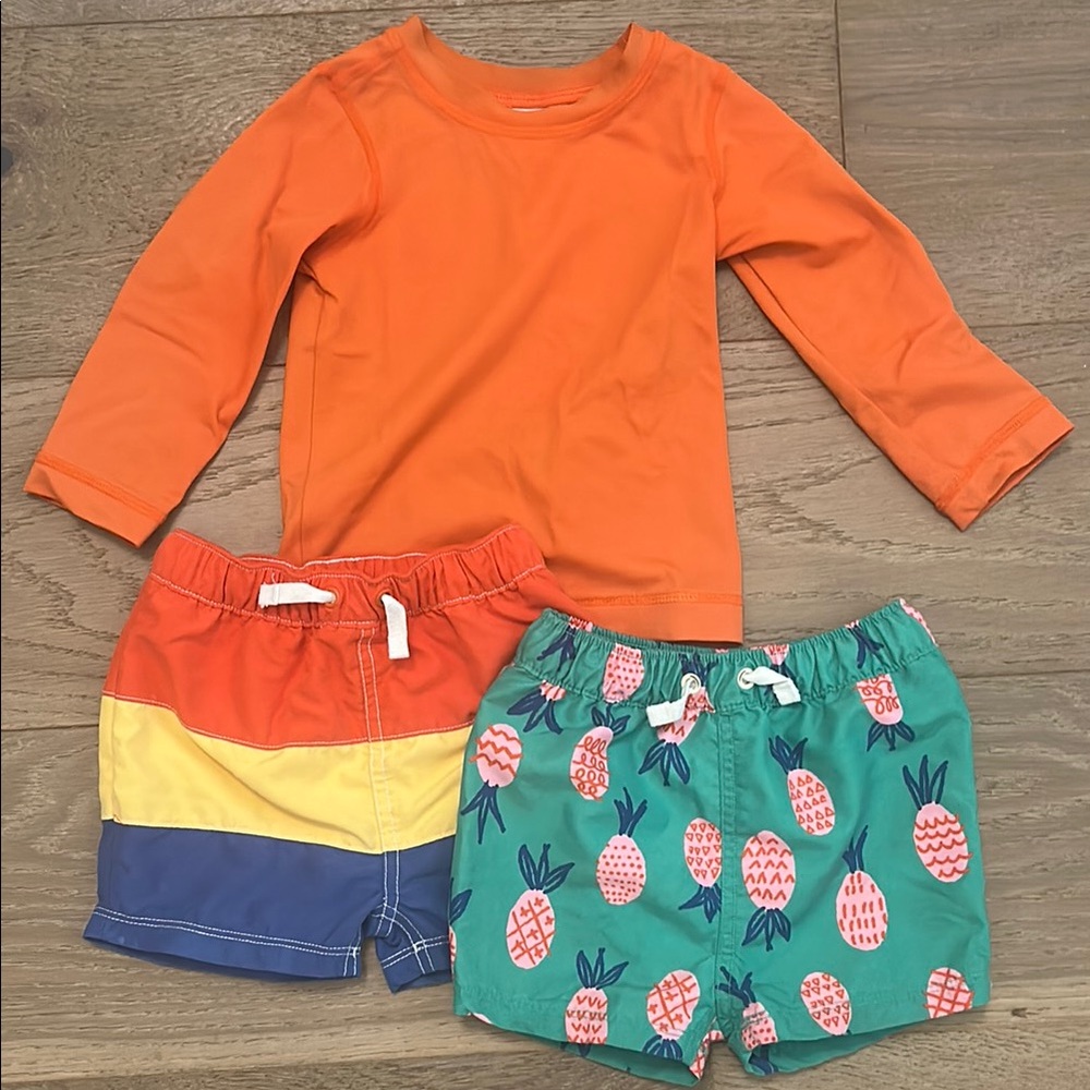 Hanna Anderson | Orange Swim Shirt, Stripe & Pineapple Swim Shorts | 18-24 mos